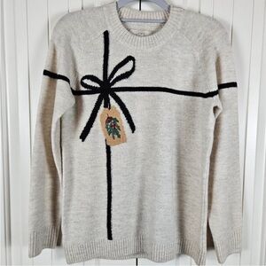 LOFT Cream Sweater with Black Bow and Festive Tag